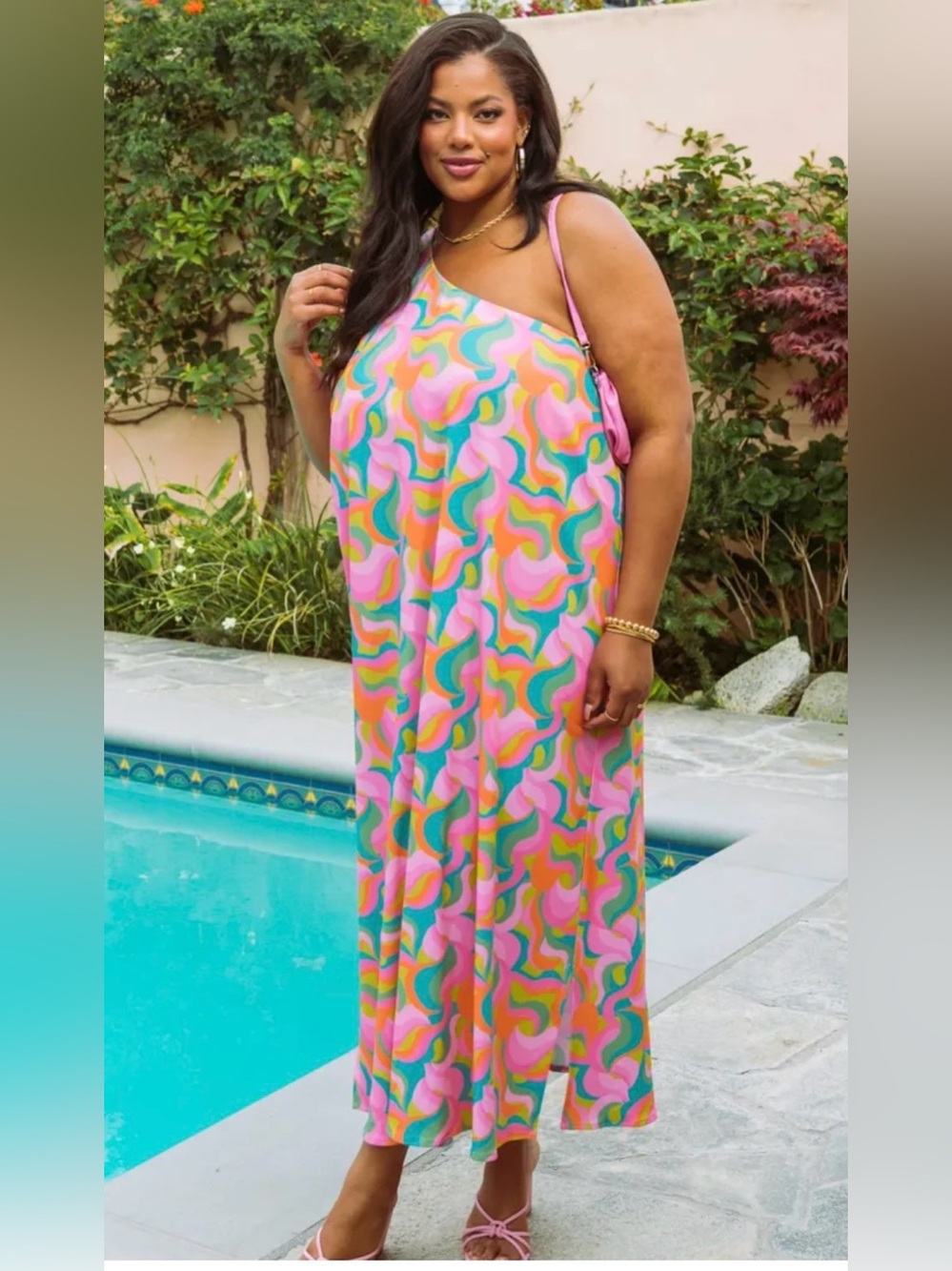 Show Me Your Mumu Pink, Orange, Green, Blue Swirl One-Shoulder Dress